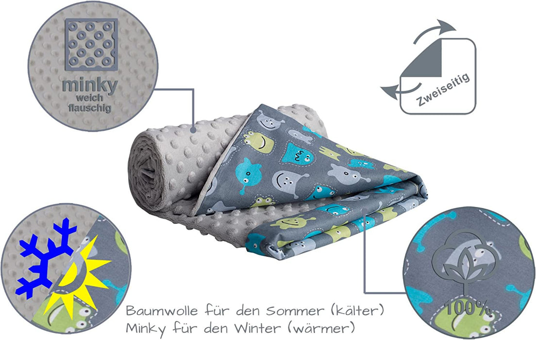 Krabbeldecke 100% Baumwolle 75x100cm doppelseitig multifunktional Minky Kuscheldecke für Kinderwagen weich flauschig (Kreaturen mit grauem Minky)