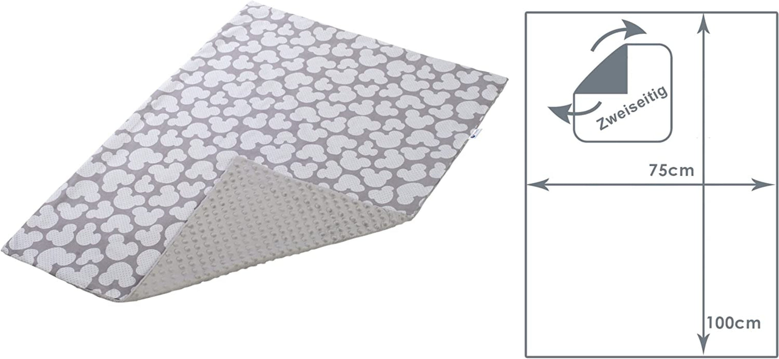 Krabbeldecke 100% Baumwolle 75x100cm doppelseitig multifunktional Minky Kuscheldecke für Kinderwagen weich flauschig (Miki mit grauen Minky)