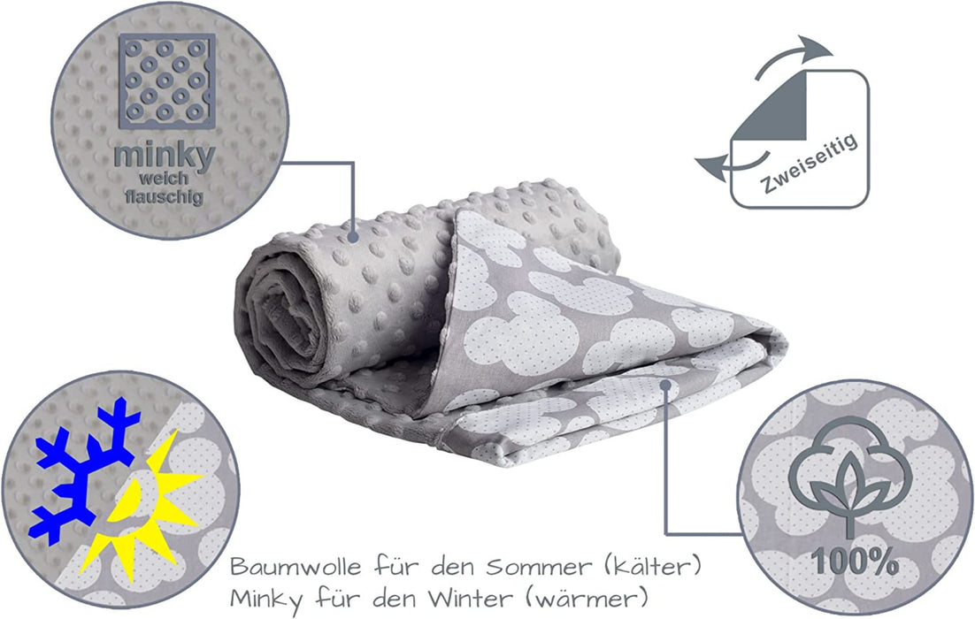 Krabbeldecke 100% Baumwolle 75x100cm doppelseitig multifunktional Minky Kuscheldecke für Kinderwagen weich flauschig (Miki mit grauen Minky)