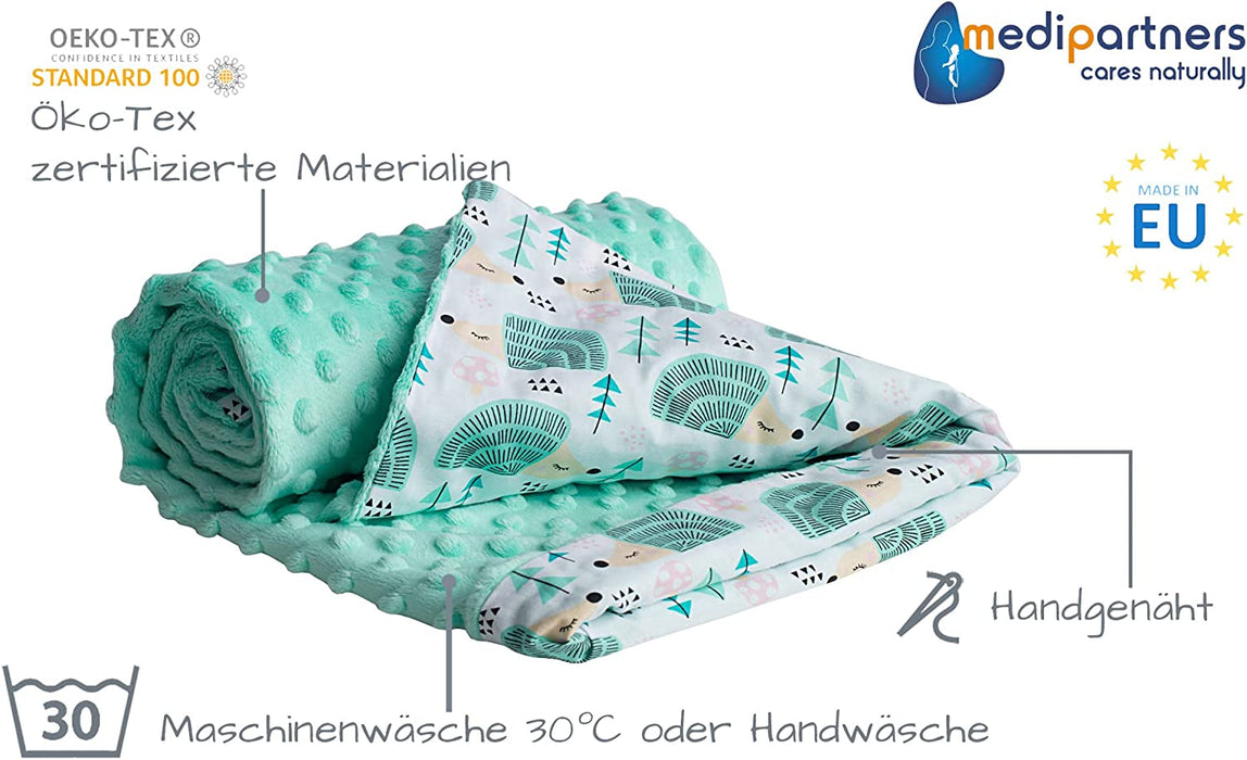 Krabbeldecke 100% Baumwolle 75x100cm doppelseitig multifunktional Minky Kuscheldecke für Kinderwagen weich flauschig (Minze Igel mit minzer Minky)