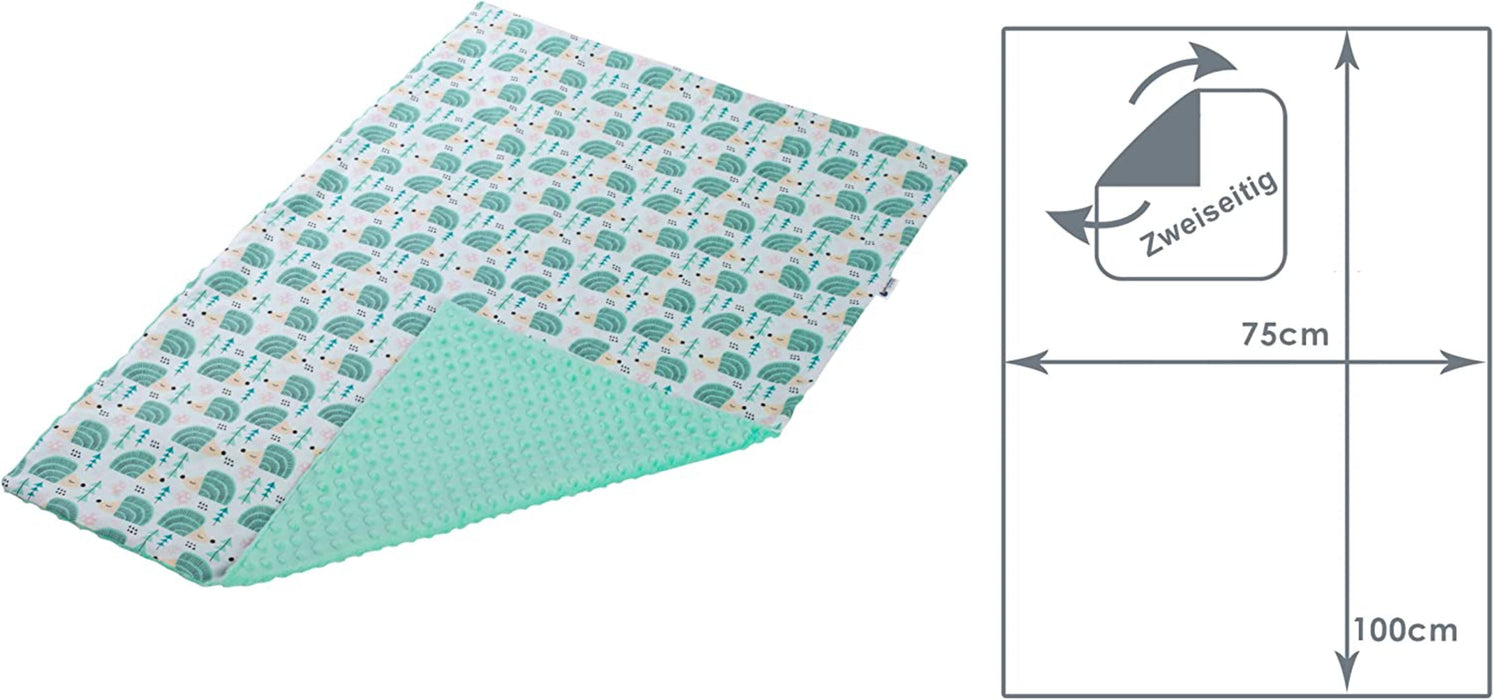 Krabbeldecke 100% Baumwolle 75x100cm doppelseitig multifunktional Minky Kuscheldecke für Kinderwagen weich flauschig (Minze Igel mit minzer Minky)