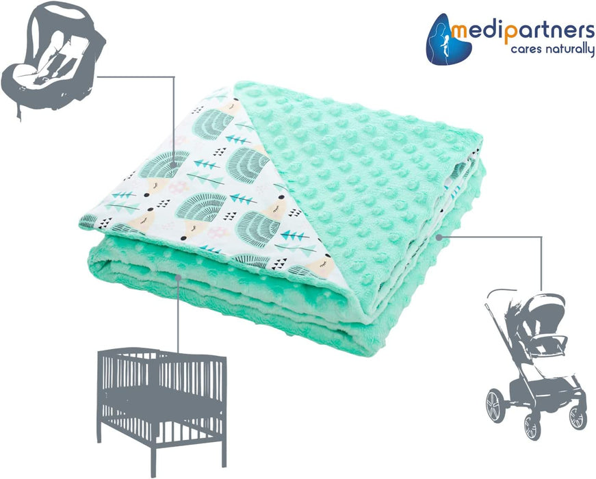 Krabbeldecke 100% Baumwolle 75x100cm doppelseitig multifunktional Minky Kuscheldecke für Kinderwagen weich flauschig (Minze Igel mit minzer Minky)