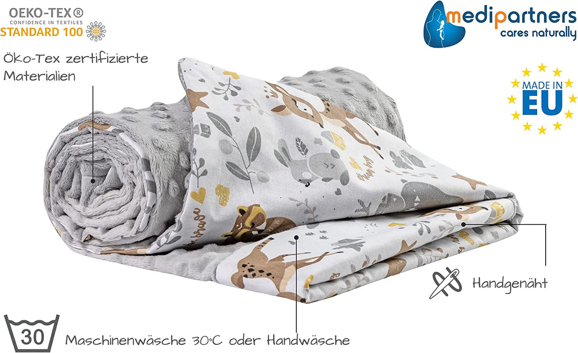 Krabbeldecke 100% Baumwolle 75x100cm doppelseitig multifunktional Minky Kuscheldecke für Kinderwagen weich flauschig (REH mit grauem Minky)