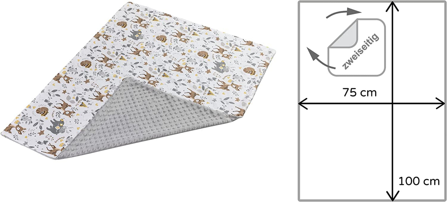 Krabbeldecke 100% Baumwolle 75x100cm doppelseitig multifunktional Minky Kuscheldecke für Kinderwagen weich flauschig (REH mit grauem Minky)