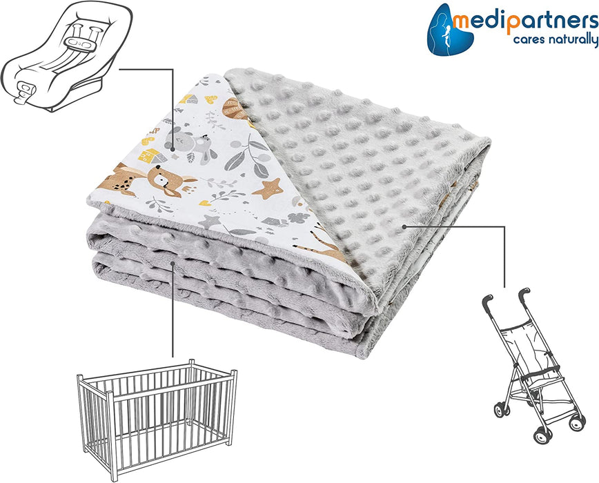 Krabbeldecke 100% Baumwolle 75x100cm doppelseitig multifunktional Minky Kuscheldecke für Kinderwagen weich flauschig (REH mit grauem Minky)