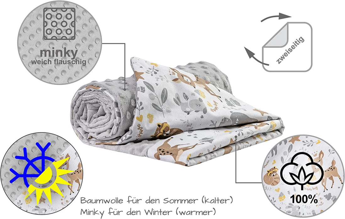 Krabbeldecke 100% Baumwolle 75x100cm doppelseitig multifunktional Minky Kuscheldecke für Kinderwagen weich flauschig (REH mit grauem Minky)