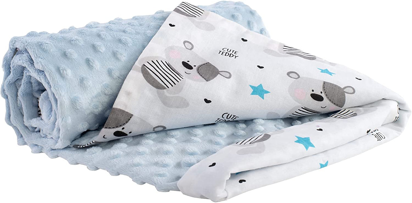 Krabbeldecke 100% Baumwolle 75x100cm doppelseitig multifunktional Minky Kuscheldecke für Kinderwagen weich flauschig (Teddybär mit hellbaluen Minky)