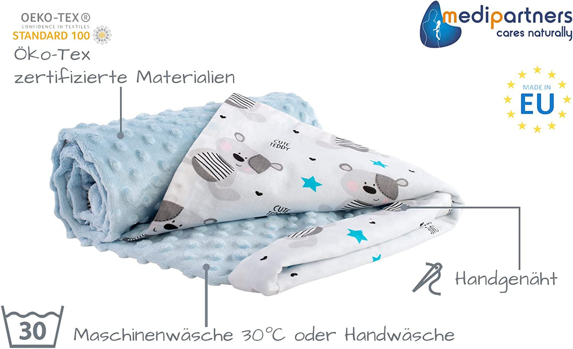 Krabbeldecke 100% Baumwolle 75x100cm doppelseitig multifunktional Minky Kuscheldecke für Kinderwagen weich flauschig (Teddybär mit hellbaluen Minky)