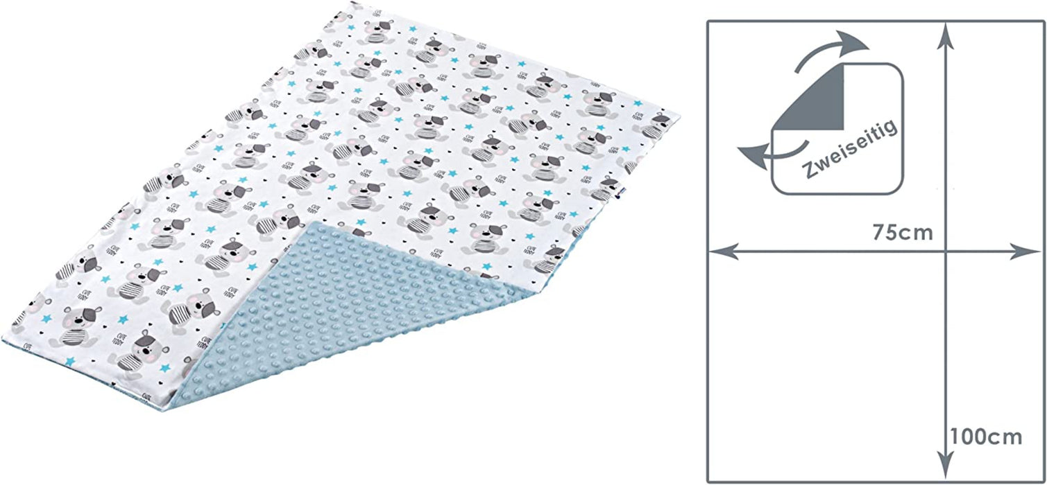 Krabbeldecke 100% Baumwolle 75x100cm doppelseitig multifunktional Minky Kuscheldecke für Kinderwagen weich flauschig (Teddybär mit hellbaluen Minky)