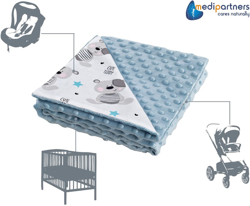Krabbeldecke 100% Baumwolle 75x100cm doppelseitig multifunktional Minky Kuscheldecke für Kinderwagen weich flauschig (Teddybär mit hellbaluen Minky)