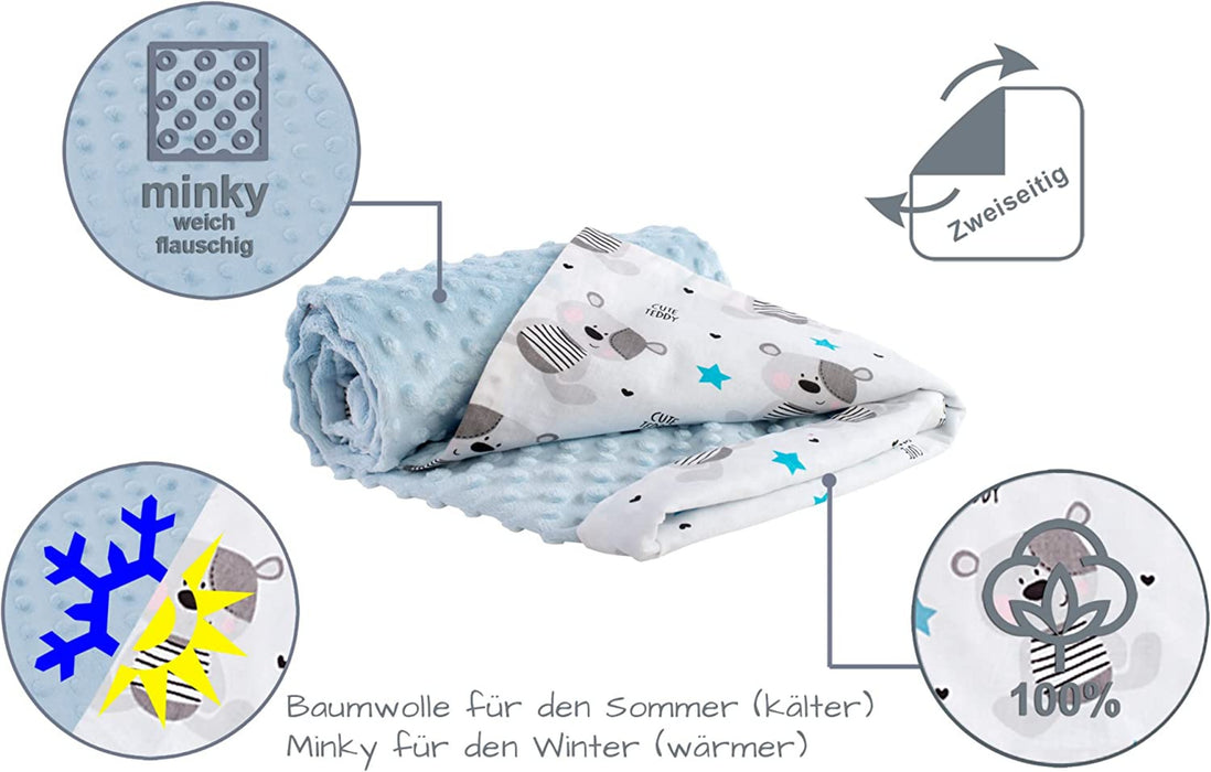 Krabbeldecke 100% Baumwolle 75x100cm doppelseitig multifunktional Minky Kuscheldecke für Kinderwagen weich flauschig (Teddybär mit hellbaluen Minky)