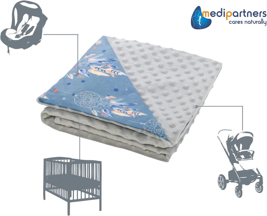Krabbeldecke 100% Baumwolle 75x100cm doppelseitig multifunktional Minky Kuscheldecke für Kinderwagen weich flauschig (Traumfänger mit grauen Minky)