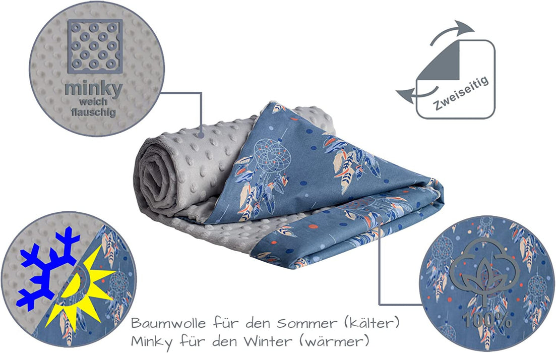 Krabbeldecke 100% Baumwolle 75x100cm doppelseitig multifunktional Minky Kuscheldecke für Kinderwagen weich flauschig (Traumfänger mit grauen Minky)