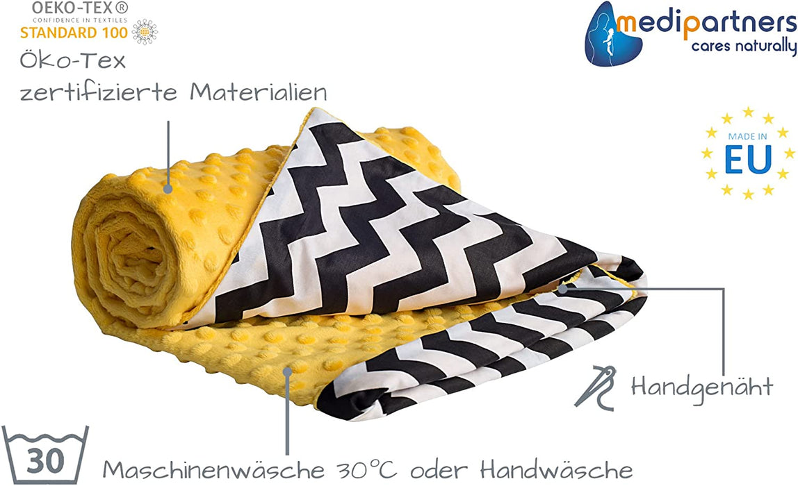 Krabbeldecke 100% Baumwolle 75x100cm doppelseitig multifunktional Minky Kuscheldecke für Kinderwagen weich flauschig (Zickazk mit Gelbem Minky)