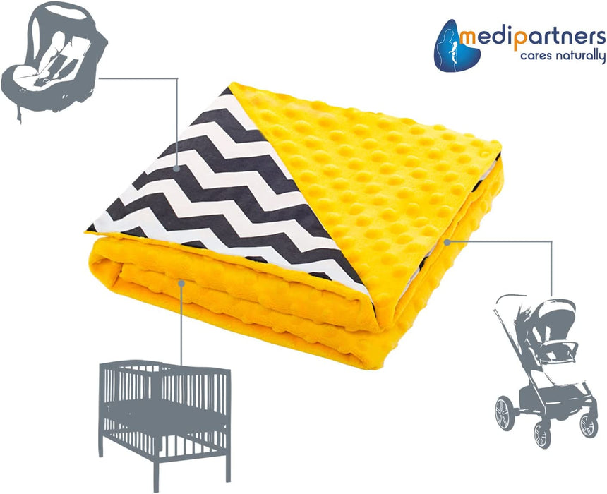 Krabbeldecke 100% Baumwolle 75x100cm doppelseitig multifunktional Minky Kuscheldecke für Kinderwagen weich flauschig (Zickazk mit Gelbem Minky)