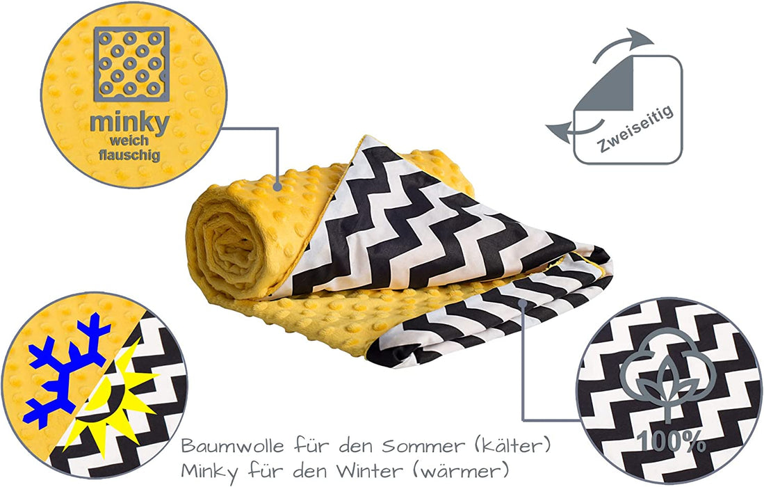 Krabbeldecke 100% Baumwolle 75x100cm doppelseitig multifunktional Minky Kuscheldecke für Kinderwagen weich flauschig (Zickazk mit Gelbem Minky)