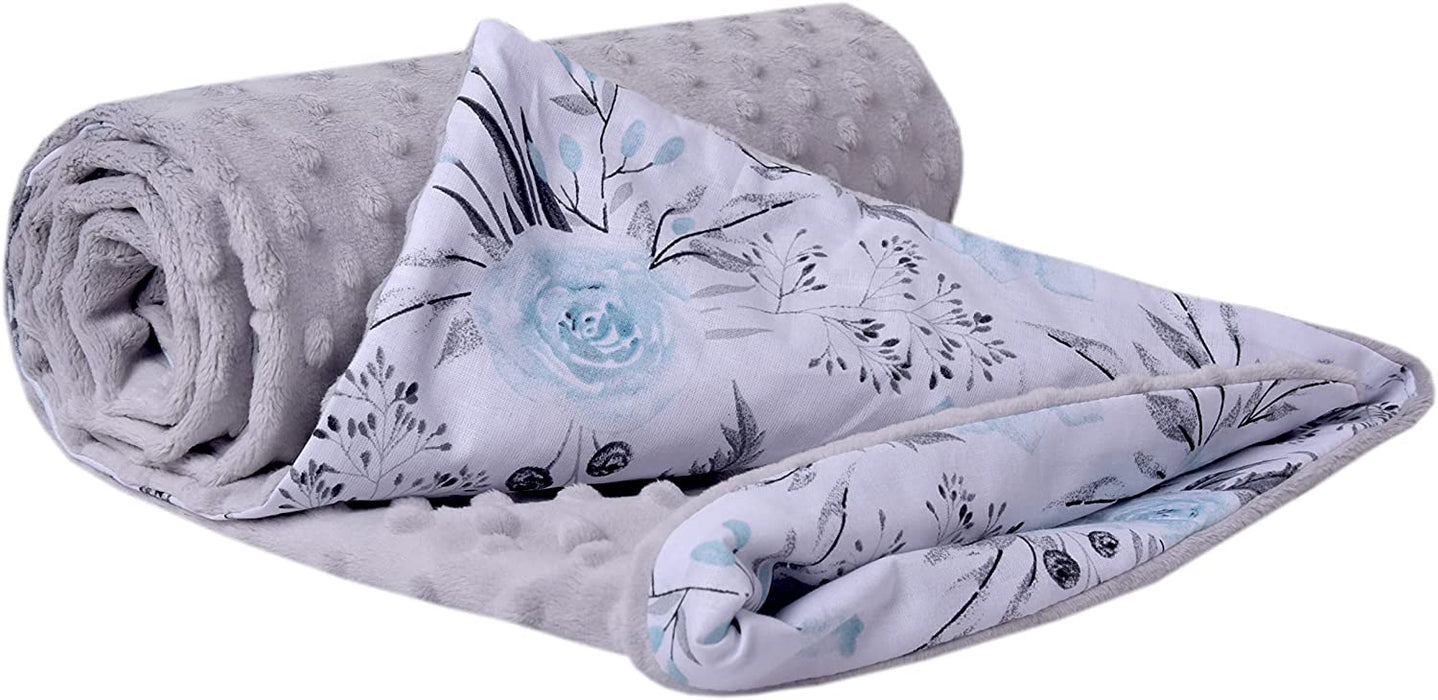Krabbeldecke 100% Baumwolle 75x100cm doppelseitig multifunktional Minky Kuscheldecke für Kinderwagen weich flauschig (graue Blument mit grauen Minky)