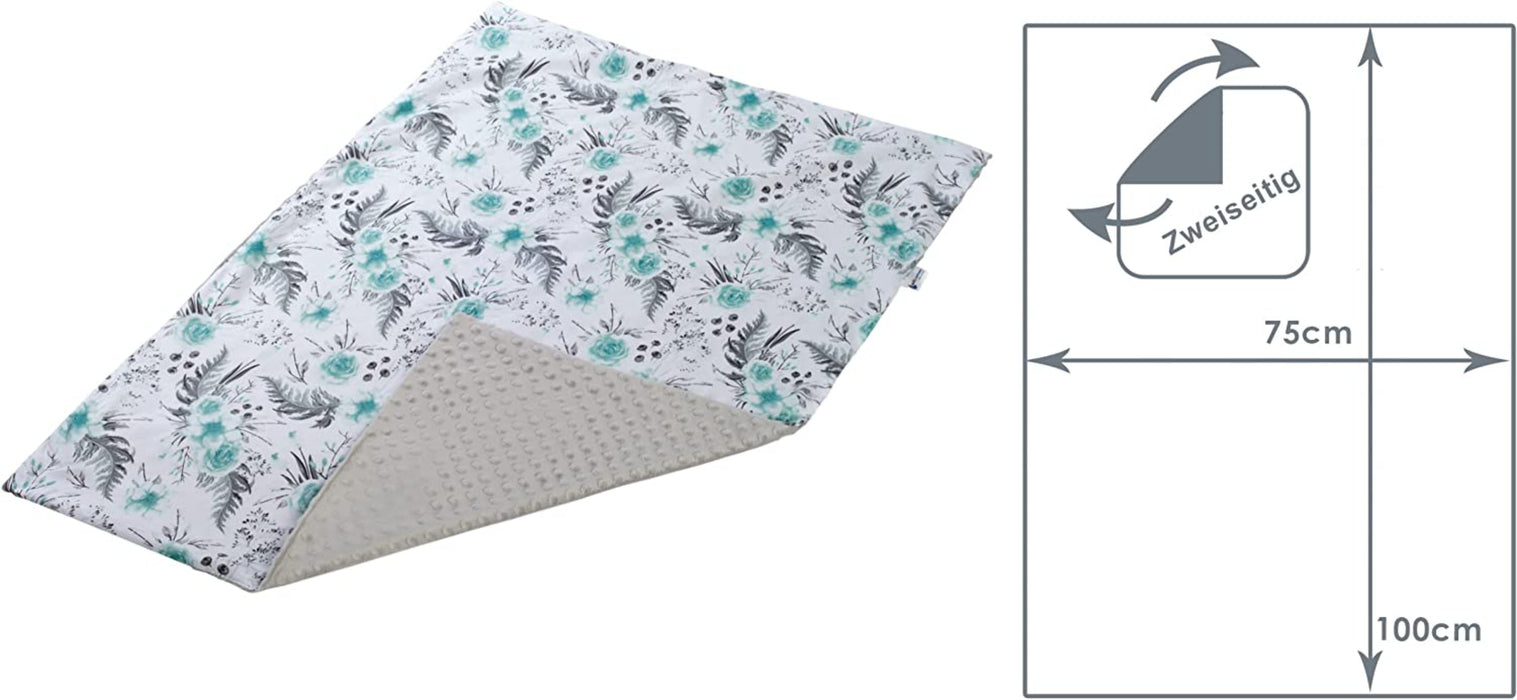 Krabbeldecke 100% Baumwolle 75x100cm doppelseitig multifunktional Minky Kuscheldecke für Kinderwagen weich flauschig (graue Blument mit grauen Minky)