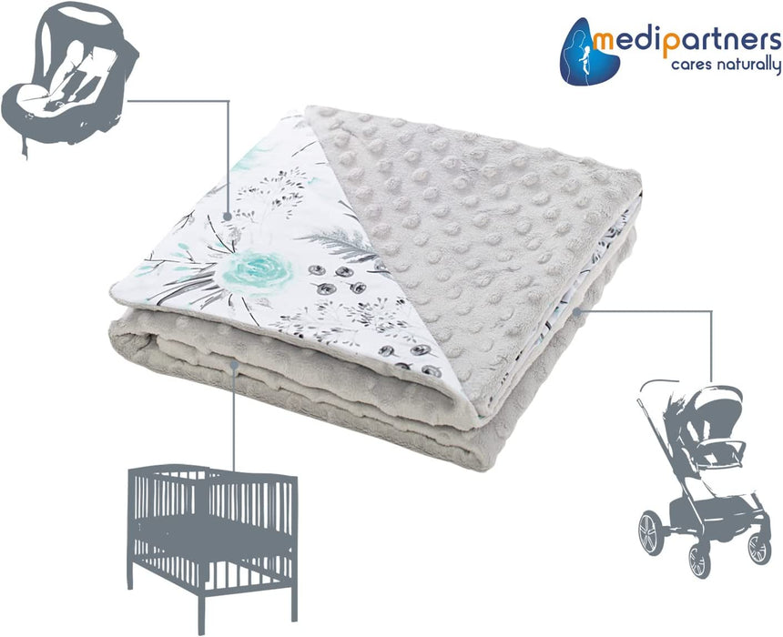 Krabbeldecke 100% Baumwolle 75x100cm doppelseitig multifunktional Minky Kuscheldecke für Kinderwagen weich flauschig (graue Blument mit grauen Minky)
