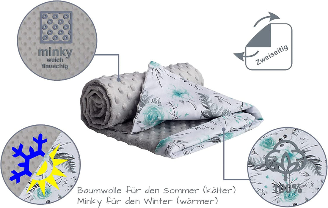 Krabbeldecke 100% Baumwolle 75x100cm doppelseitig multifunktional Minky Kuscheldecke für Kinderwagen weich flauschig (graue Blument mit grauen Minky)