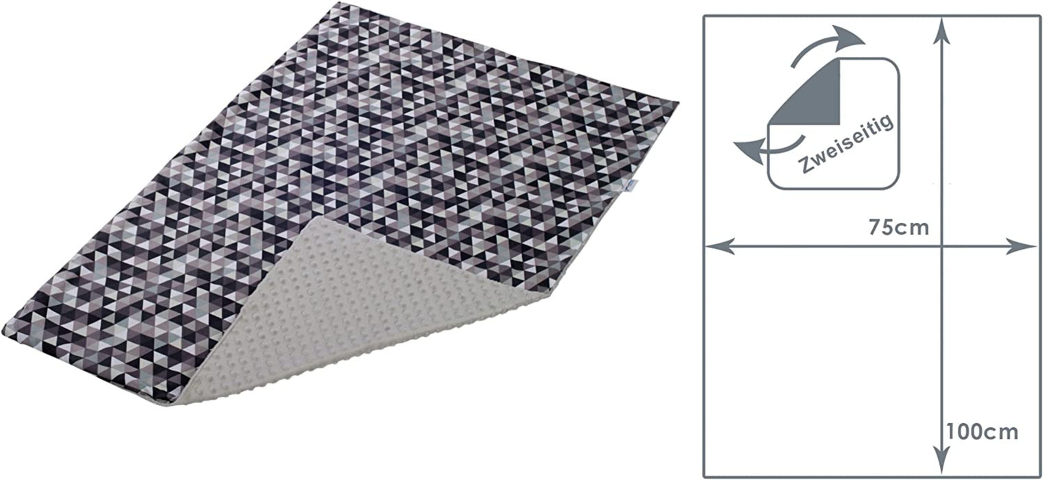 Krabbeldecke 100% Baumwolle 75x100cm doppelseitig multifunktional Minky Kuscheldecke für Kinderwagen weich flauschig (graue Dreiecke mit grauen)