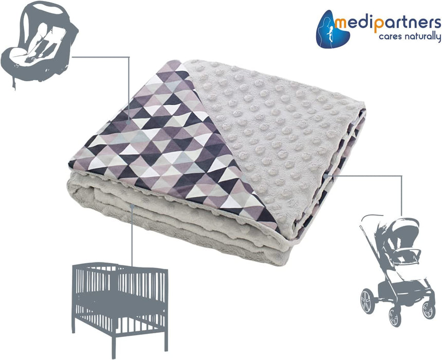 Krabbeldecke 100% Baumwolle 75x100cm doppelseitig multifunktional Minky Kuscheldecke für Kinderwagen weich flauschig (graue Dreiecke mit grauen)