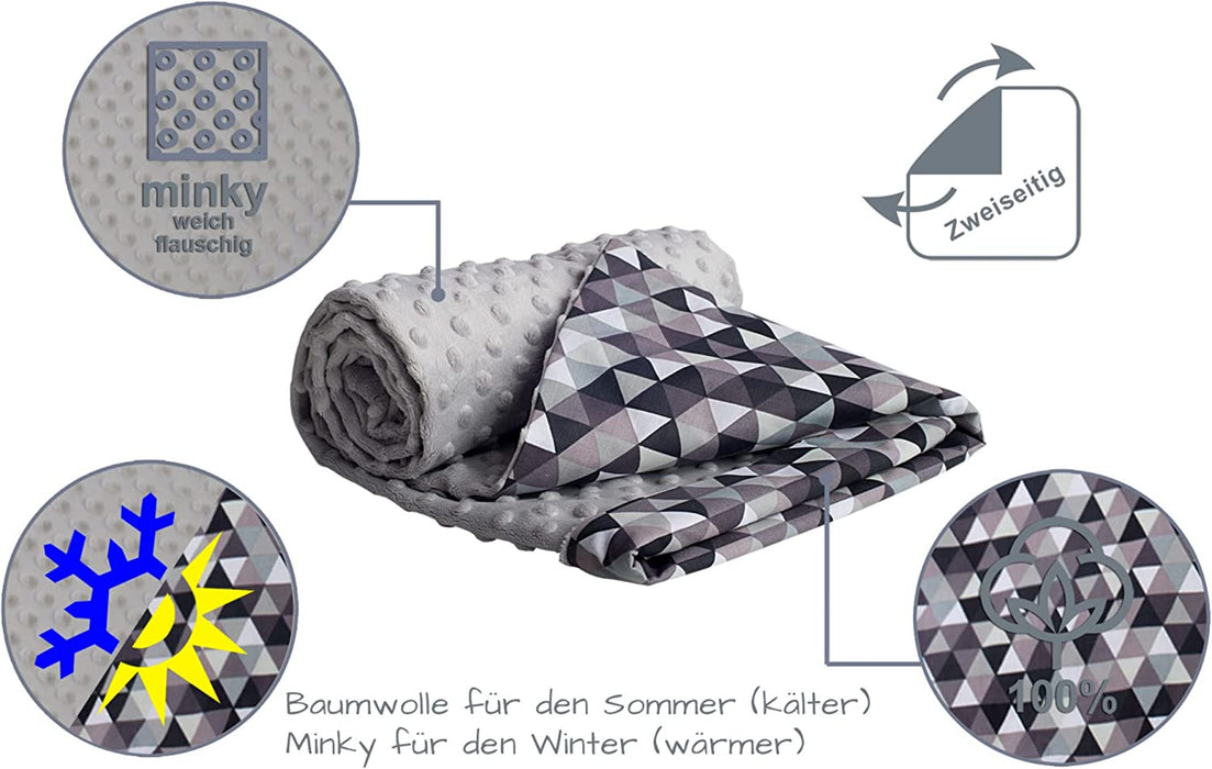 Krabbeldecke 100% Baumwolle 75x100cm doppelseitig multifunktional Minky Kuscheldecke für Kinderwagen weich flauschig (graue Dreiecke mit grauen)