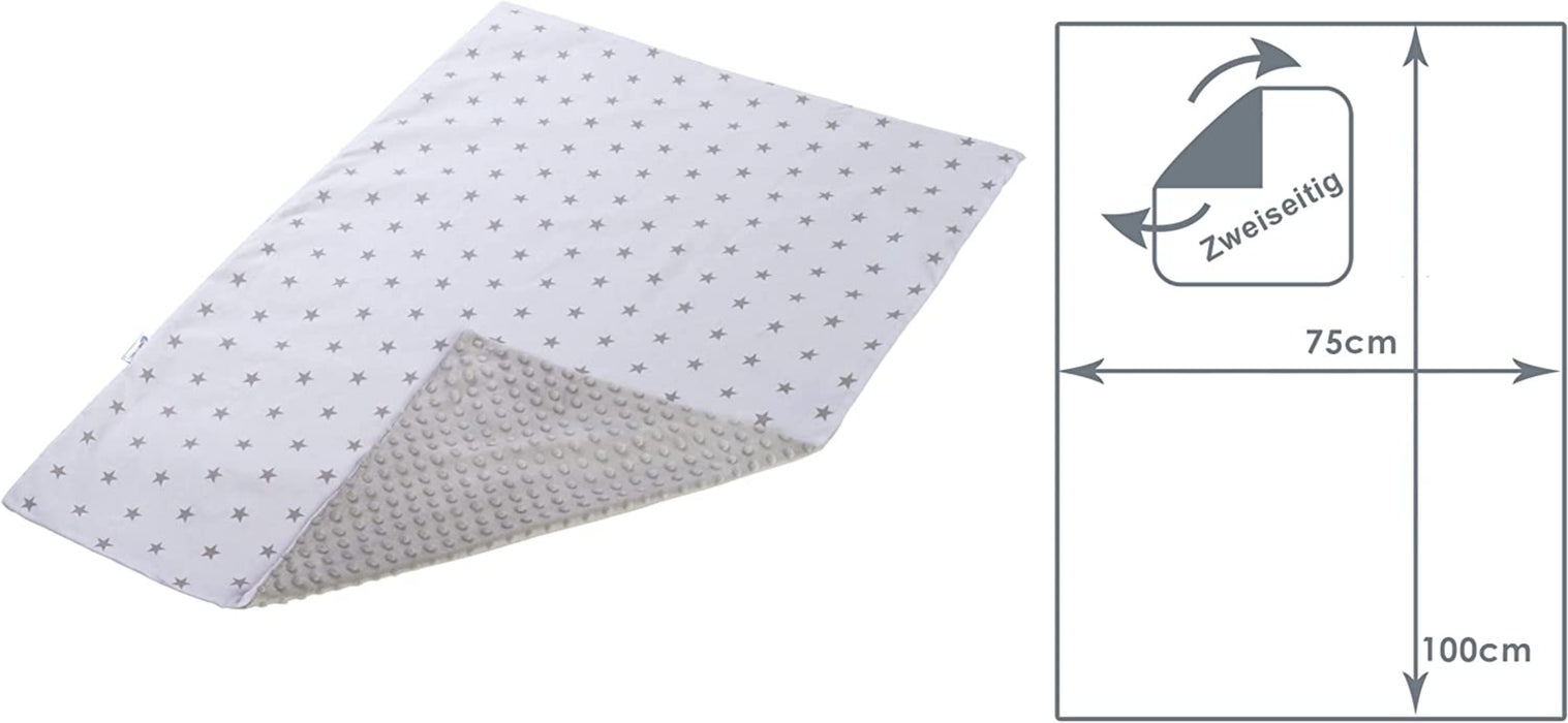 Krabbeldecke 100% Baumwolle 75x100cm doppelseitig multifunktional Minky Kuscheldecke für Kinderwagen weich flauschig (graue Sterne mit grauem Minky)
