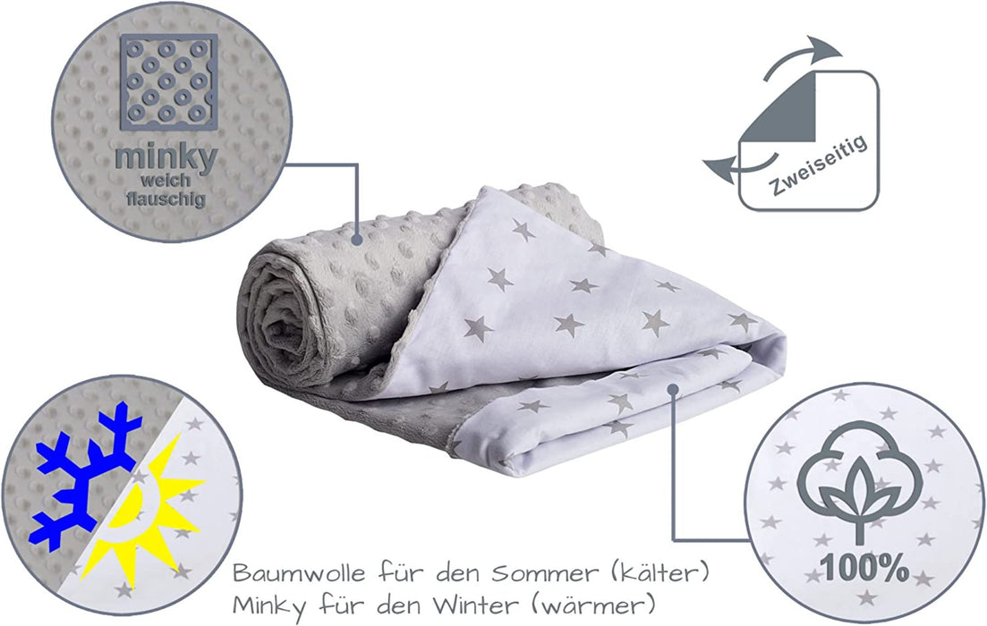 Krabbeldecke 100% Baumwolle 75x100cm doppelseitig multifunktional Minky Kuscheldecke für Kinderwagen weich flauschig (graue Sterne mit grauem Minky)