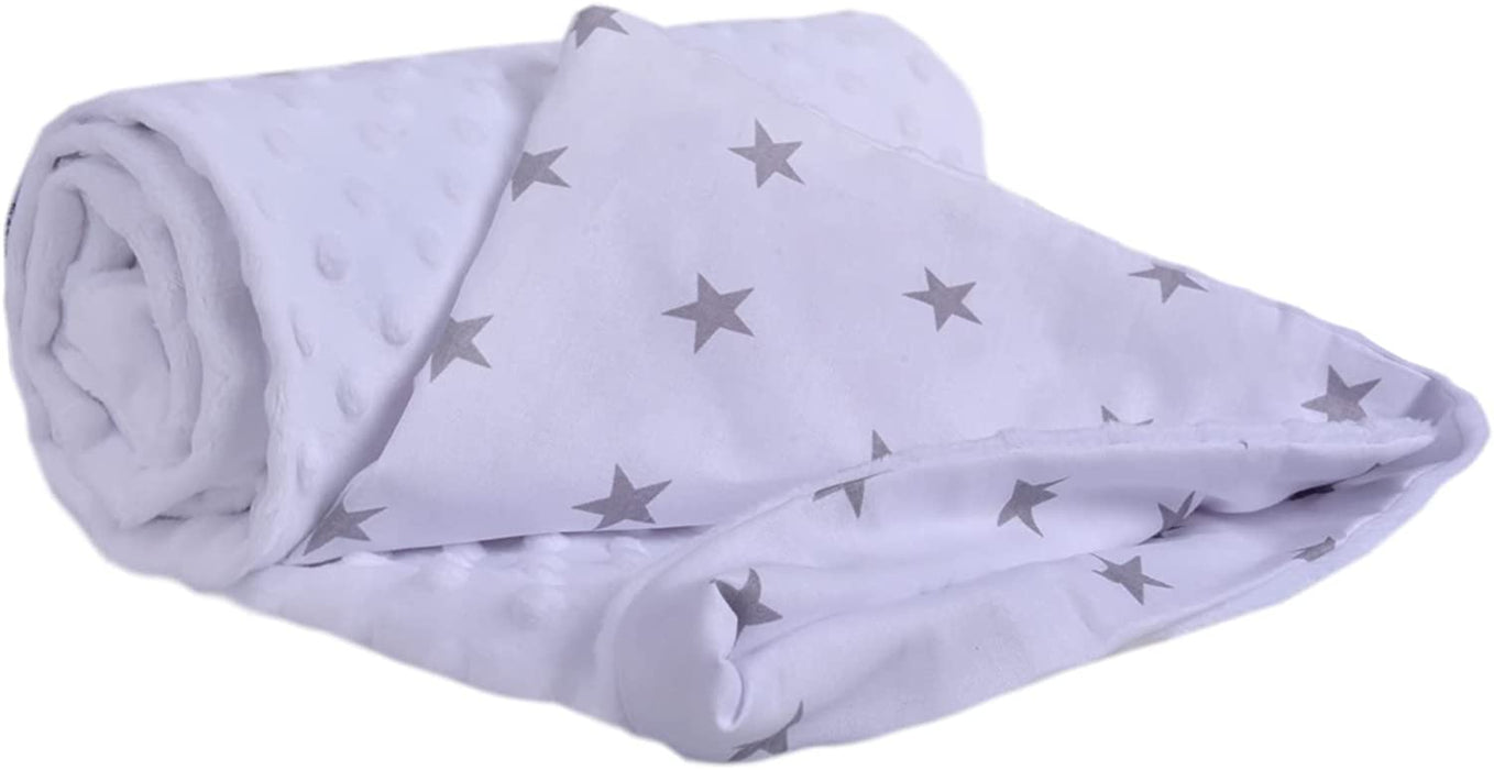 Krabbeldecke 100% Baumwolle 75x100cm doppelseitig multifunktional Minky Kuscheldecke für Kinderwagen weich flauschig (graue Sterne mit weißem Minky)