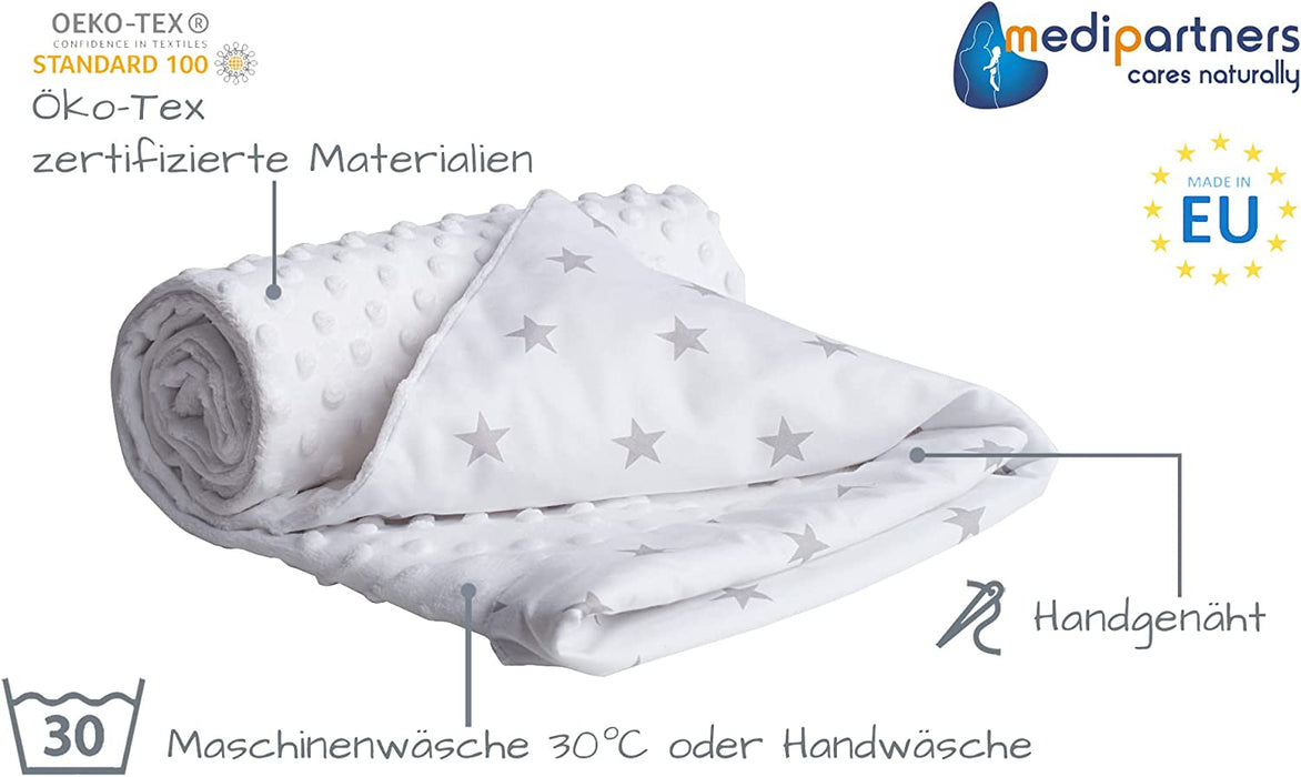 Krabbeldecke 100% Baumwolle 75x100cm doppelseitig multifunktional Minky Kuscheldecke für Kinderwagen weich flauschig (graue Sterne mit weißem Minky)