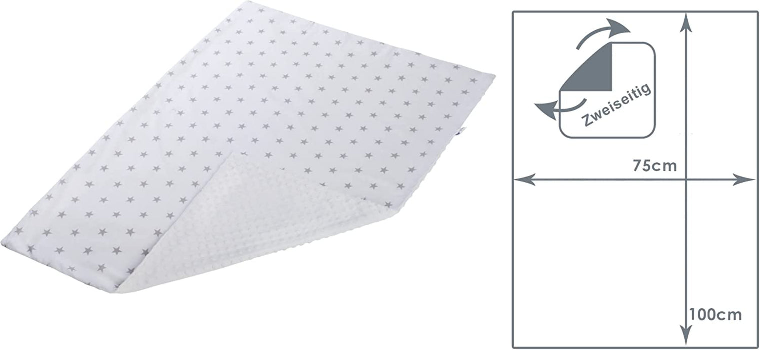 Krabbeldecke 100% Baumwolle 75x100cm doppelseitig multifunktional Minky Kuscheldecke für Kinderwagen weich flauschig (graue Sterne mit weißem Minky)