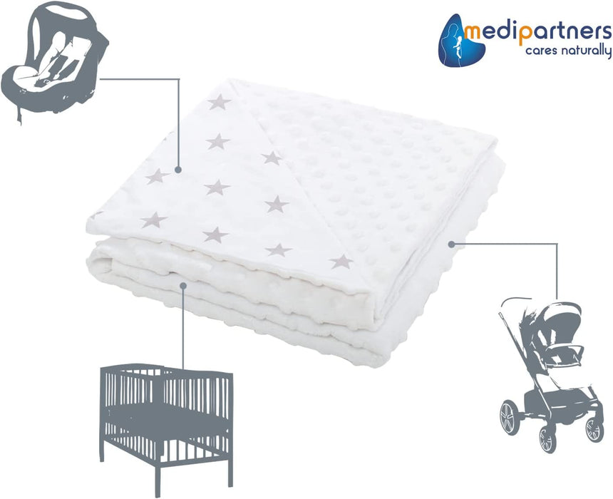 Krabbeldecke 100% Baumwolle 75x100cm doppelseitig multifunktional Minky Kuscheldecke für Kinderwagen weich flauschig (graue Sterne mit weißem Minky)