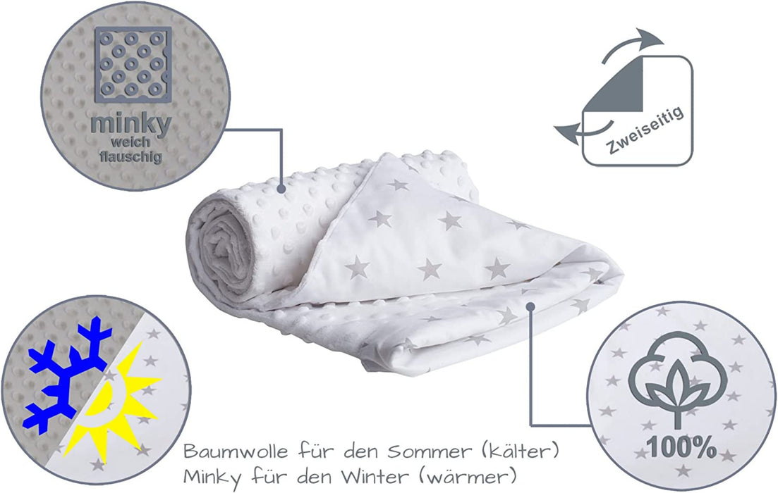 Krabbeldecke 100% Baumwolle 75x100cm doppelseitig multifunktional Minky Kuscheldecke für Kinderwagen weich flauschig (graue Sterne mit weißem Minky)