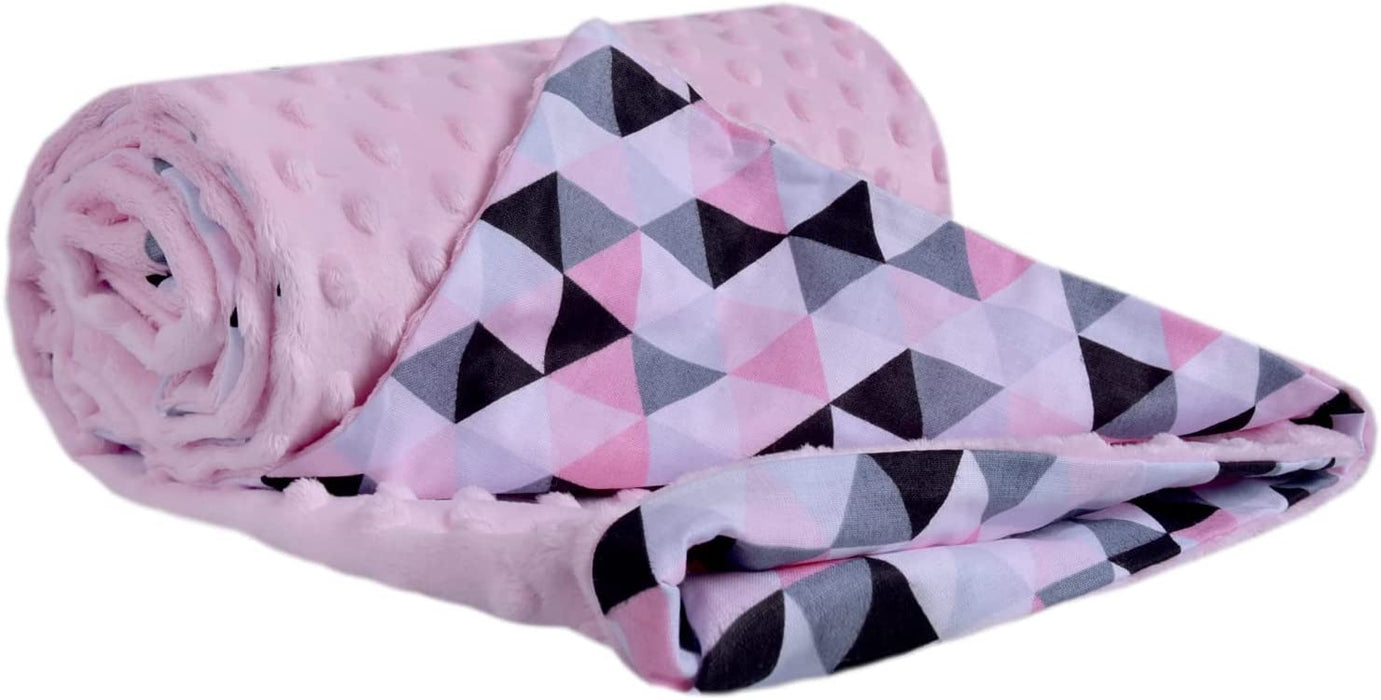 Krabbeldecke 100% Baumwolle 75x100cm doppelseitig multifunktional Minky Kuscheldecke für Kinderwagen weich flauschig (rosa Dreiecke Hellrosa Minky)