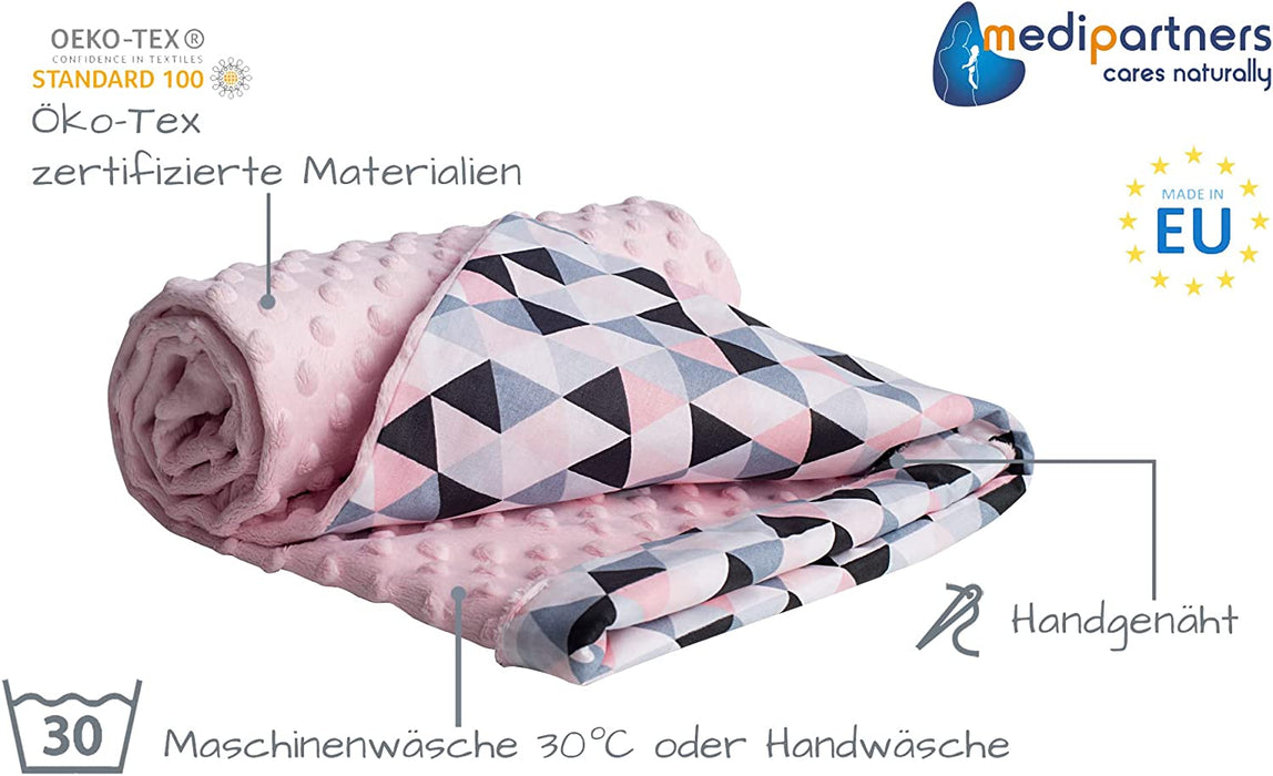 Krabbeldecke 100% Baumwolle 75x100cm doppelseitig multifunktional Minky Kuscheldecke für Kinderwagen weich flauschig (rosa Dreiecke Hellrosa Minky)