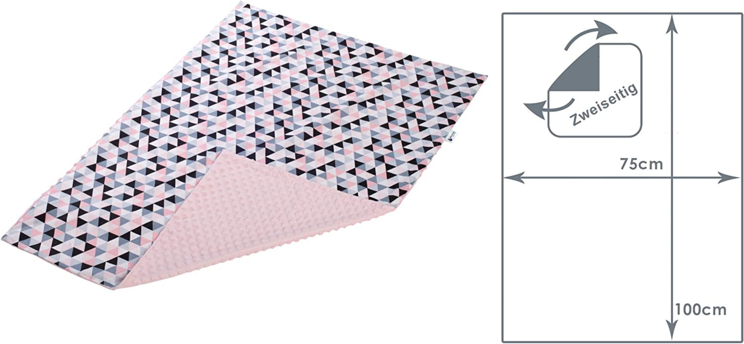 Krabbeldecke 100% Baumwolle 75x100cm doppelseitig multifunktional Minky Kuscheldecke für Kinderwagen weich flauschig (rosa Dreiecke Hellrosa Minky)