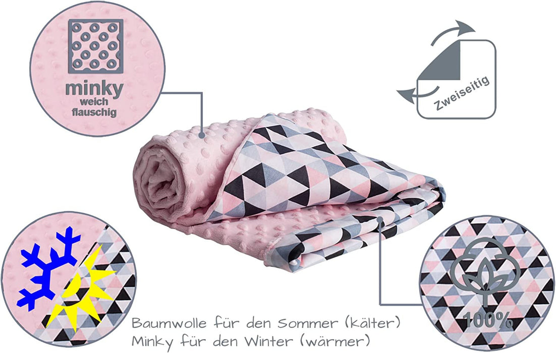 Krabbeldecke 100% Baumwolle 75x100cm doppelseitig multifunktional Minky Kuscheldecke für Kinderwagen weich flauschig (rosa Dreiecke Hellrosa Minky)