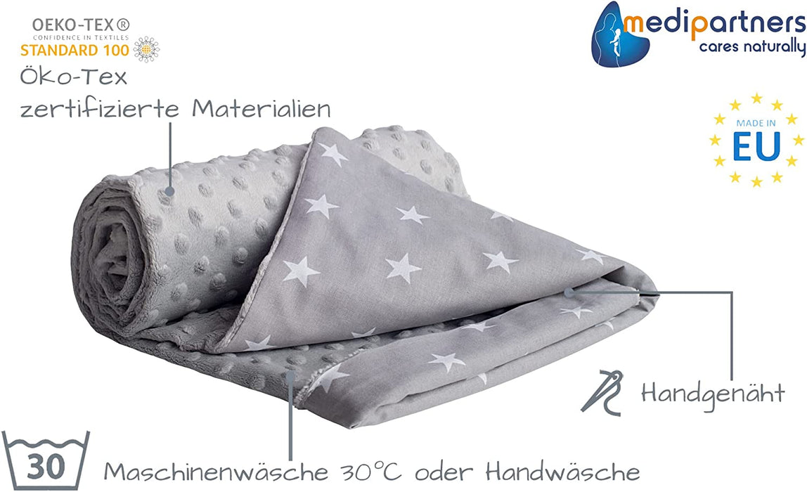 Krabbeldecke 100% Baumwolle 75x100cm doppelseitig multifunktional Minky Kuscheldecke für Kinderwagen weich flauschig (weiße Sterne mit grauem Minky)