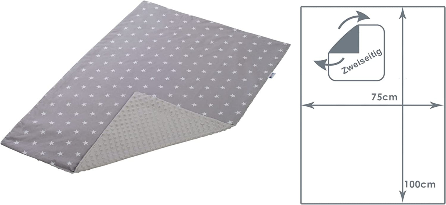 Krabbeldecke 100% Baumwolle 75x100cm doppelseitig multifunktional Minky Kuscheldecke für Kinderwagen weich flauschig (weiße Sterne mit grauem Minky)