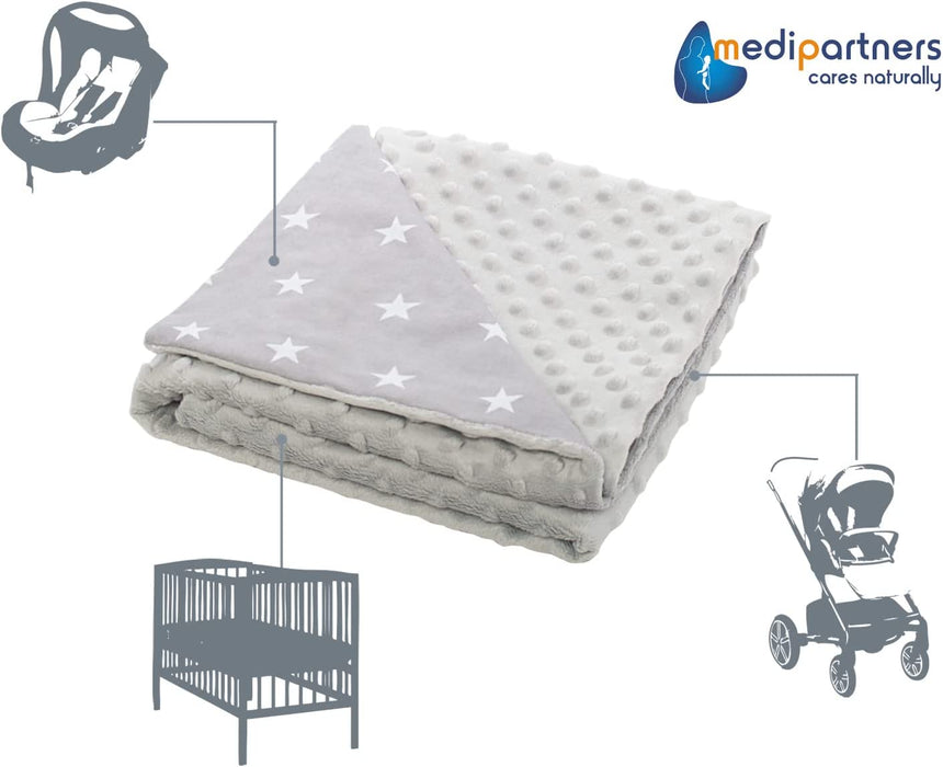 Krabbeldecke 100% Baumwolle 75x100cm doppelseitig multifunktional Minky Kuscheldecke für Kinderwagen weich flauschig (weiße Sterne mit grauem Minky)
