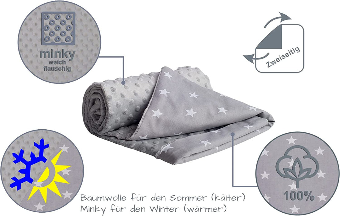 Krabbeldecke 100% Baumwolle 75x100cm doppelseitig multifunktional Minky Kuscheldecke für Kinderwagen weich flauschig (weiße Sterne mit grauem Minky)