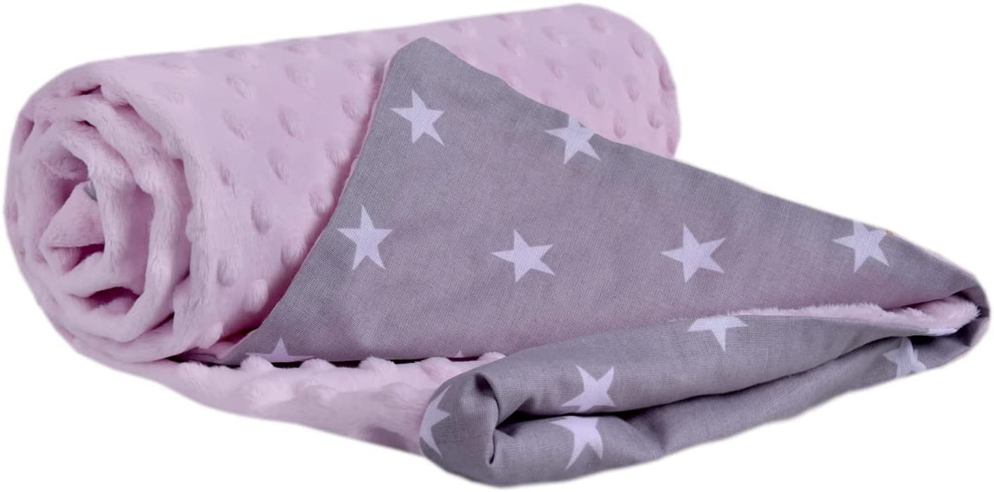 Krabbeldecke 100% Baumwolle 75x100cm doppelseitig multifunktional Minky Kuscheldecke für Kinderwagen weich flauschig (weiße Sterne mit rosa Minky)