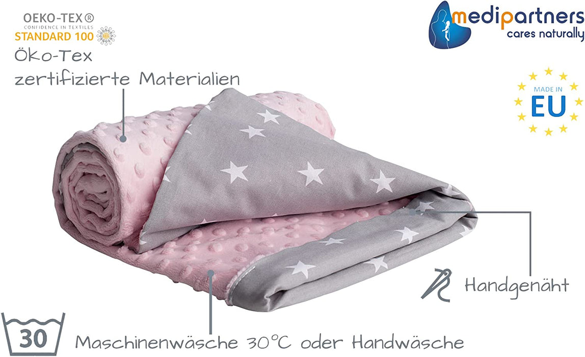 Krabbeldecke 100% Baumwolle 75x100cm doppelseitig multifunktional Minky Kuscheldecke für Kinderwagen weich flauschig (weiße Sterne mit rosa Minky)