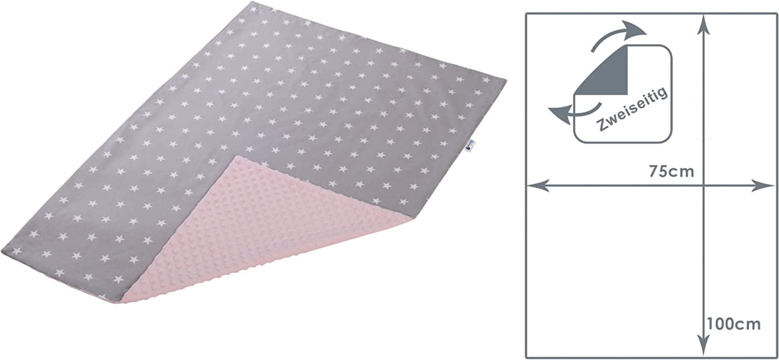 Krabbeldecke 100% Baumwolle 75x100cm doppelseitig multifunktional Minky Kuscheldecke für Kinderwagen weich flauschig (weiße Sterne mit rosa Minky)