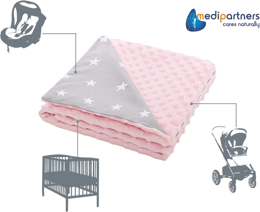 Krabbeldecke 100% Baumwolle 75x100cm doppelseitig multifunktional Minky Kuscheldecke für Kinderwagen weich flauschig (weiße Sterne mit rosa Minky)