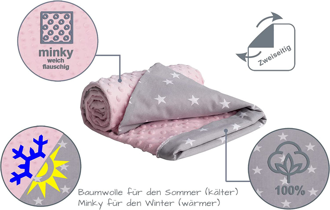 Krabbeldecke 100% Baumwolle 75x100cm doppelseitig multifunktional Minky Kuscheldecke für Kinderwagen weich flauschig (weiße Sterne mit rosa Minky)