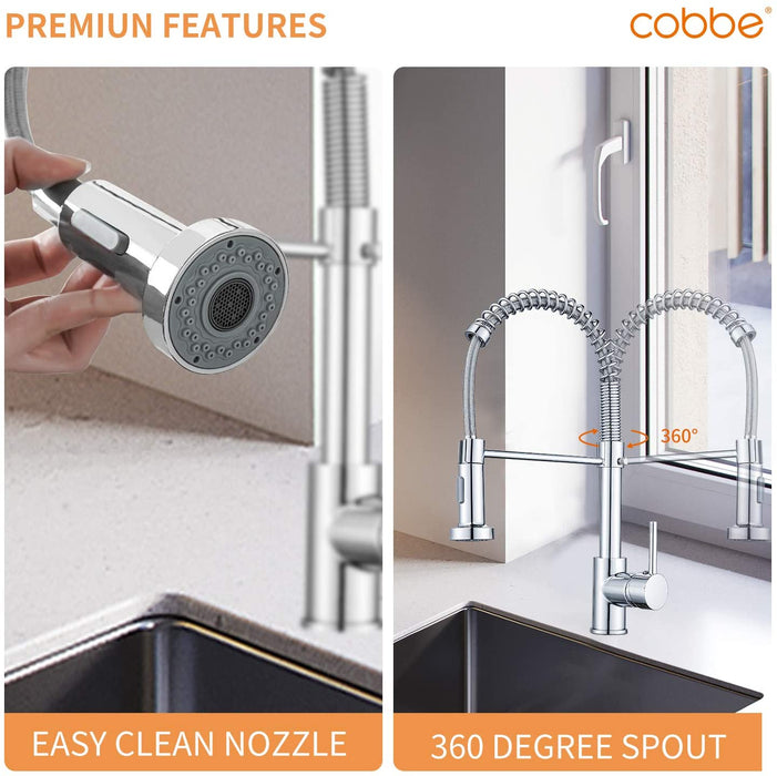 Küchenarmatur, Spring Wasserhahn Küche mit Pull Down Sprüher Brause, 2 Sprühmodi High Arc Einhebel Pültisch Mischbatterie (Chrom)