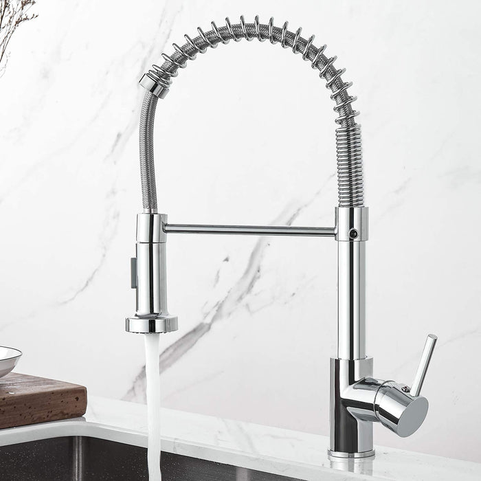 Küchenarmatur, Spring Wasserhahn Küche mit Pull Down Sprüher Brause, 2 Sprühmodi High Arc Einhebel Pültisch Mischbatterie (Chrom)
