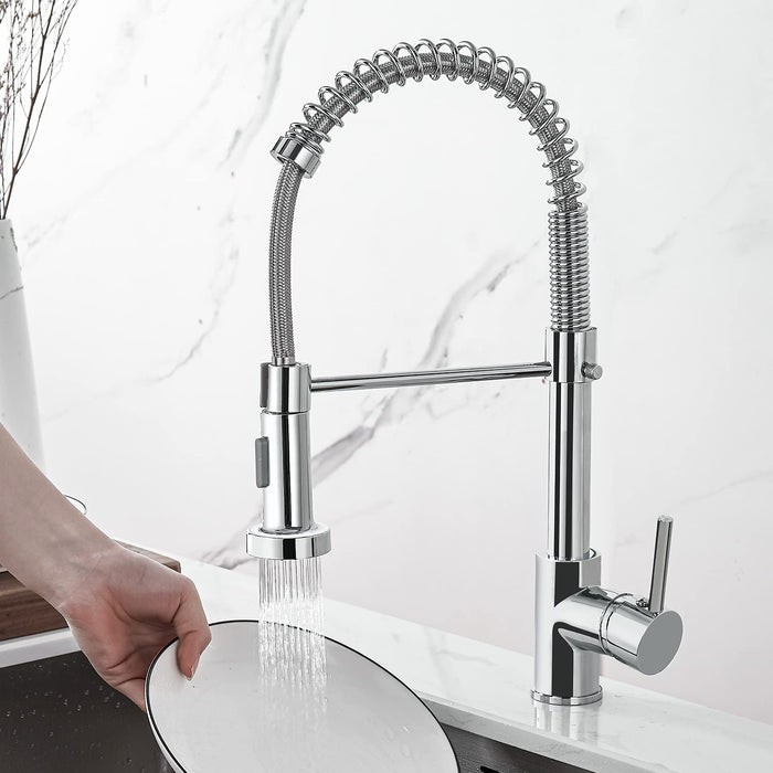 Küchenarmatur, Spring Wasserhahn Küche mit Pull Down Sprüher Brause, 2 Sprühmodi High Arc Einhebel Pültisch Mischbatterie (Chrom)